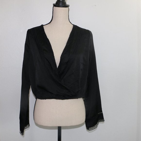 Gypsies & Moondust Black Wrap Crop Top with Lace Trim - Picture 3 of 9